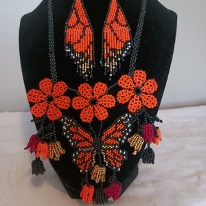 Handcrafted Beaded Butterfly Necklace and Earrings Set